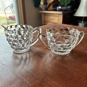 Jeanette Glass “cubist” vintage creamer and open sugar bowl set, 1930s.